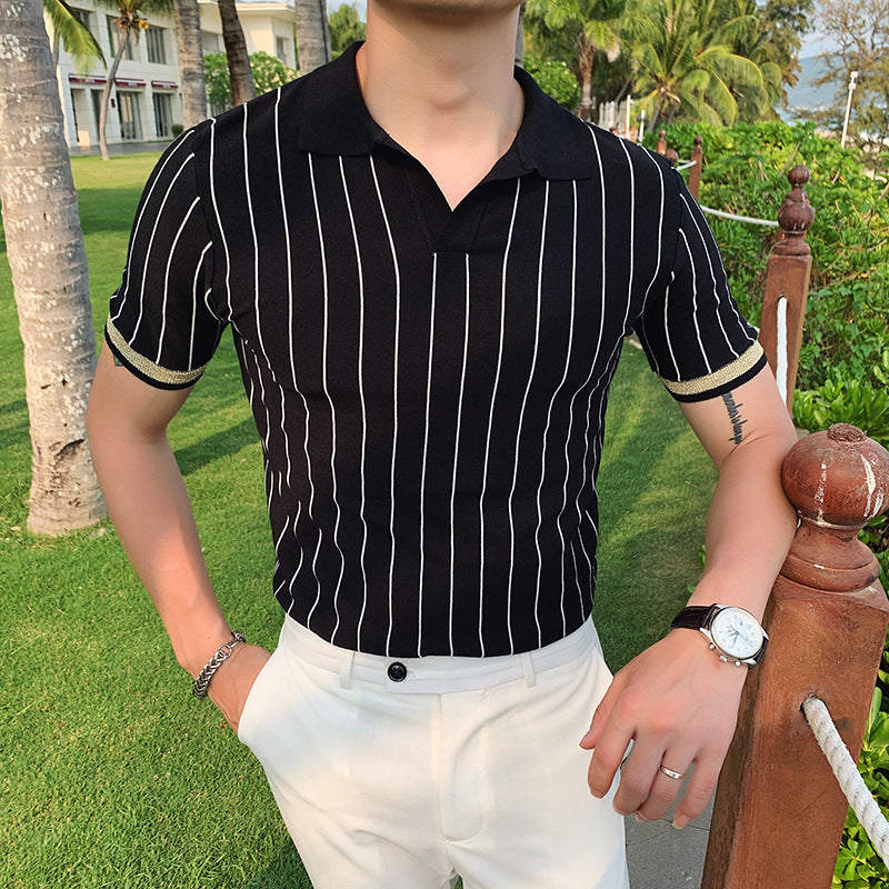 Fashion Knitted Polo Shirt British Slim Ice Silk Shirt