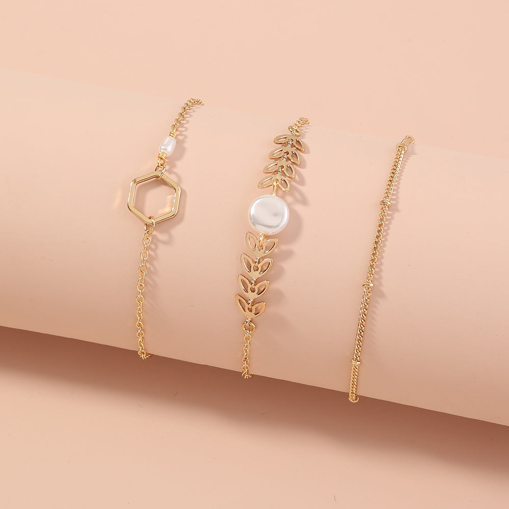 Fashion creative leaf wheat ear geometry pearl bracelet set of 3 pieces