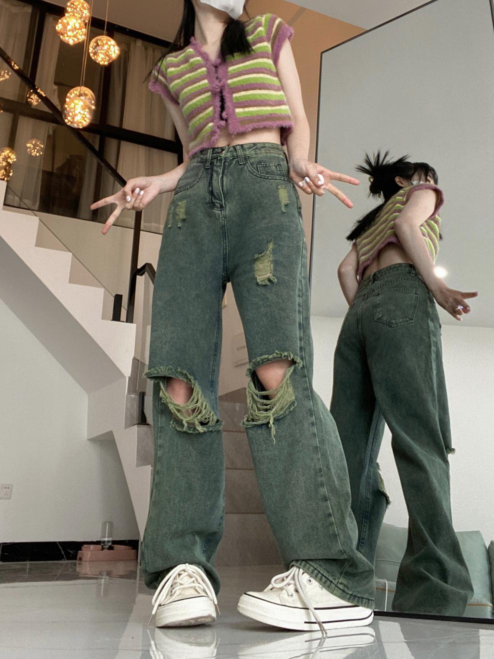 Vaqueros rasgados americanos de color verde oscuro con pantalones anchos para mujer