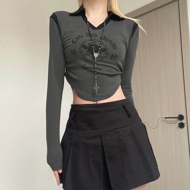 Long Sleeved T-shirt Women's Patchwork Lapel Short Top