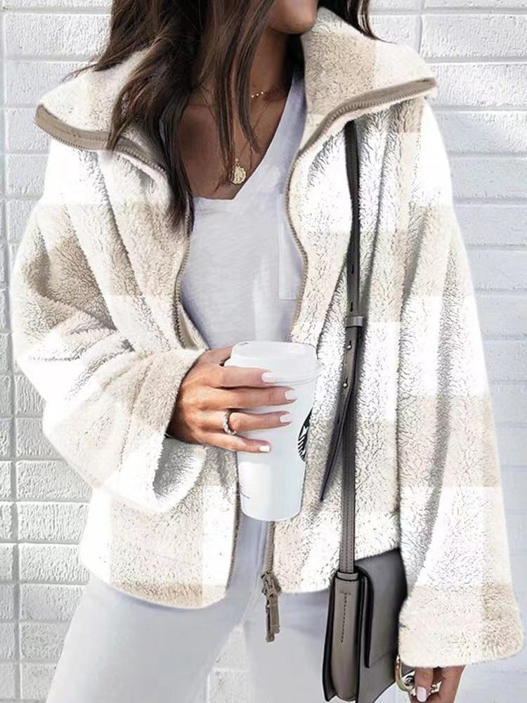 Plush Plaid Coat Plus Size Women's Clothing