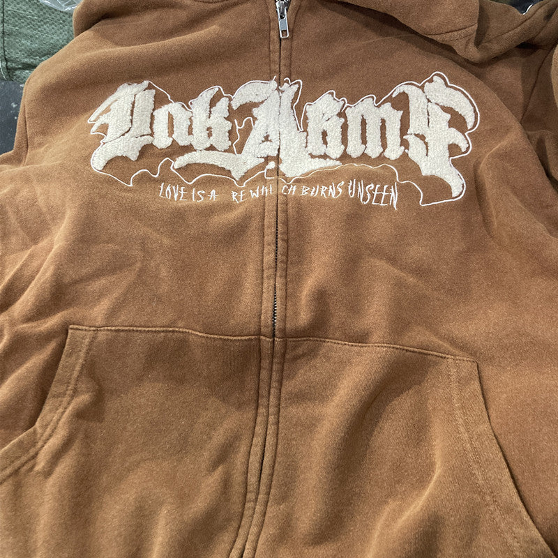 Sudadera con capucha y letras dibujadas a mano Cárdigan suelto Abrigo de manga larga