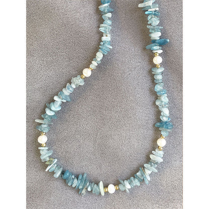 Aquamarine Freshwater Natural Stone Gravel Stitching Necklace