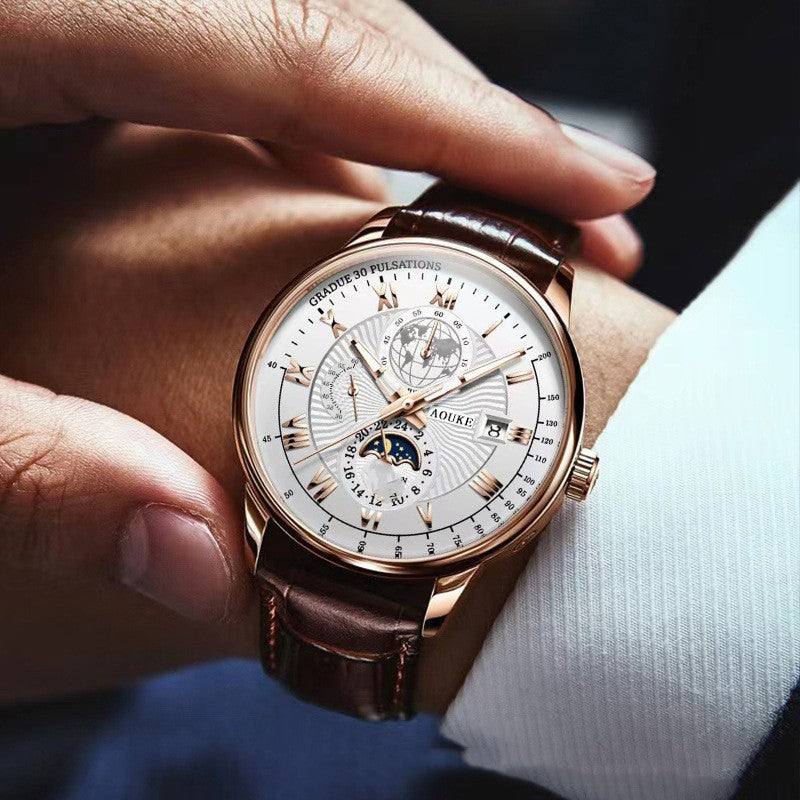 Montre en Cuir Véritable pour Homme Calendrier Lumineux Quartz