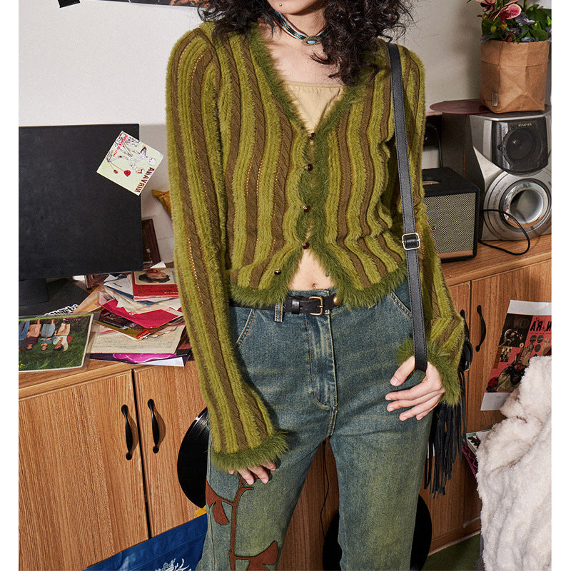 Prendas de punto retro con cuello en V para mujer Cárdigan Top corto