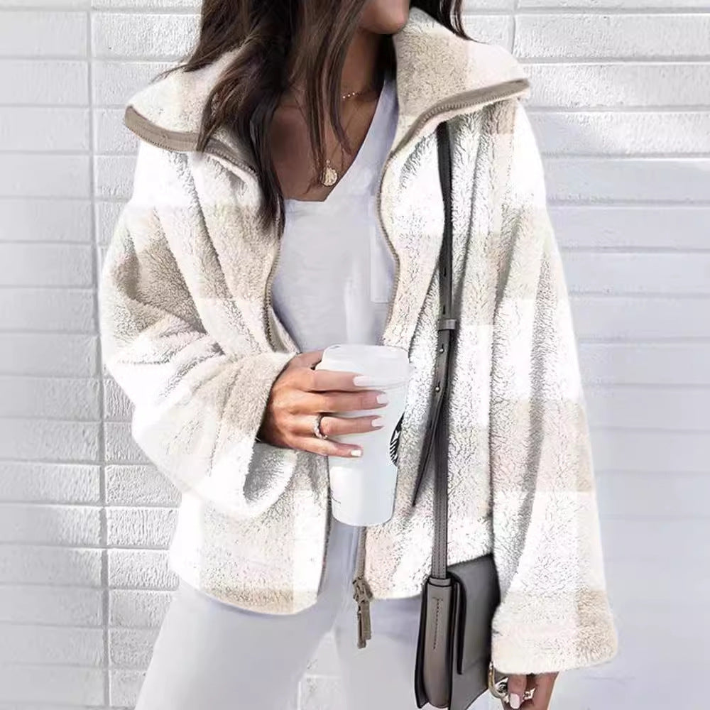 Plush Plaid Coat Plus Size Women's Clothing