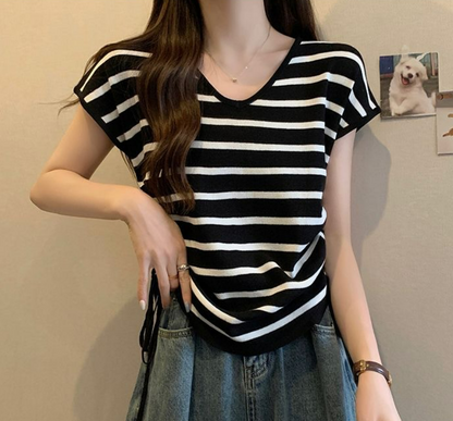 Summer Thin Striped Slim-fit All-matching Short Top For Women