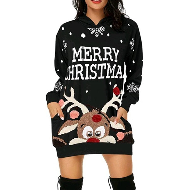 Christmas hot sale printed mid-length pocket hooded long-sleeved sweater