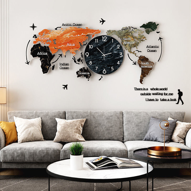 Reloj de pared de decoración de lujo ligero, reloj de mapa para el hogar y la sala de estar