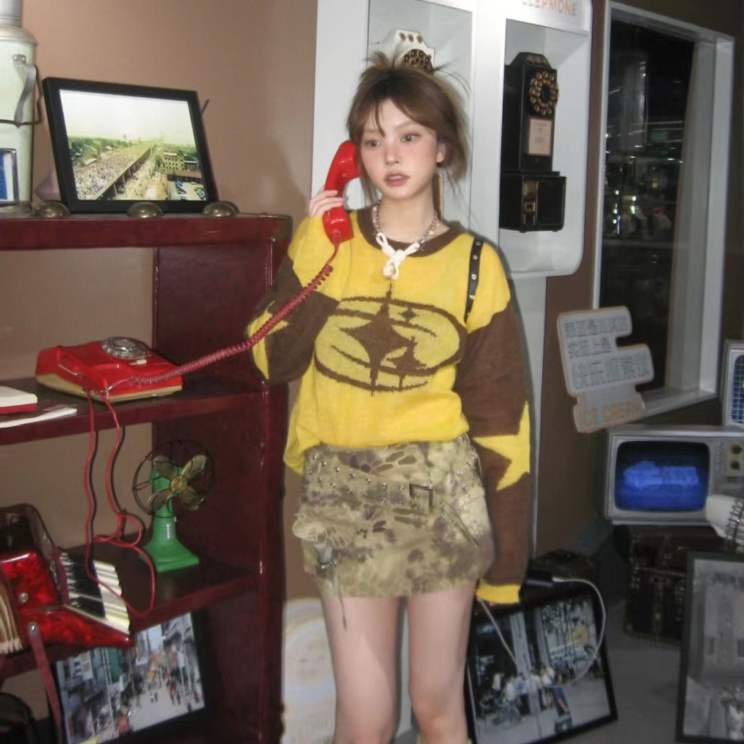 Suéter suelto de manga larga con estrella de cinco puntas retro de estilo americano para mujer