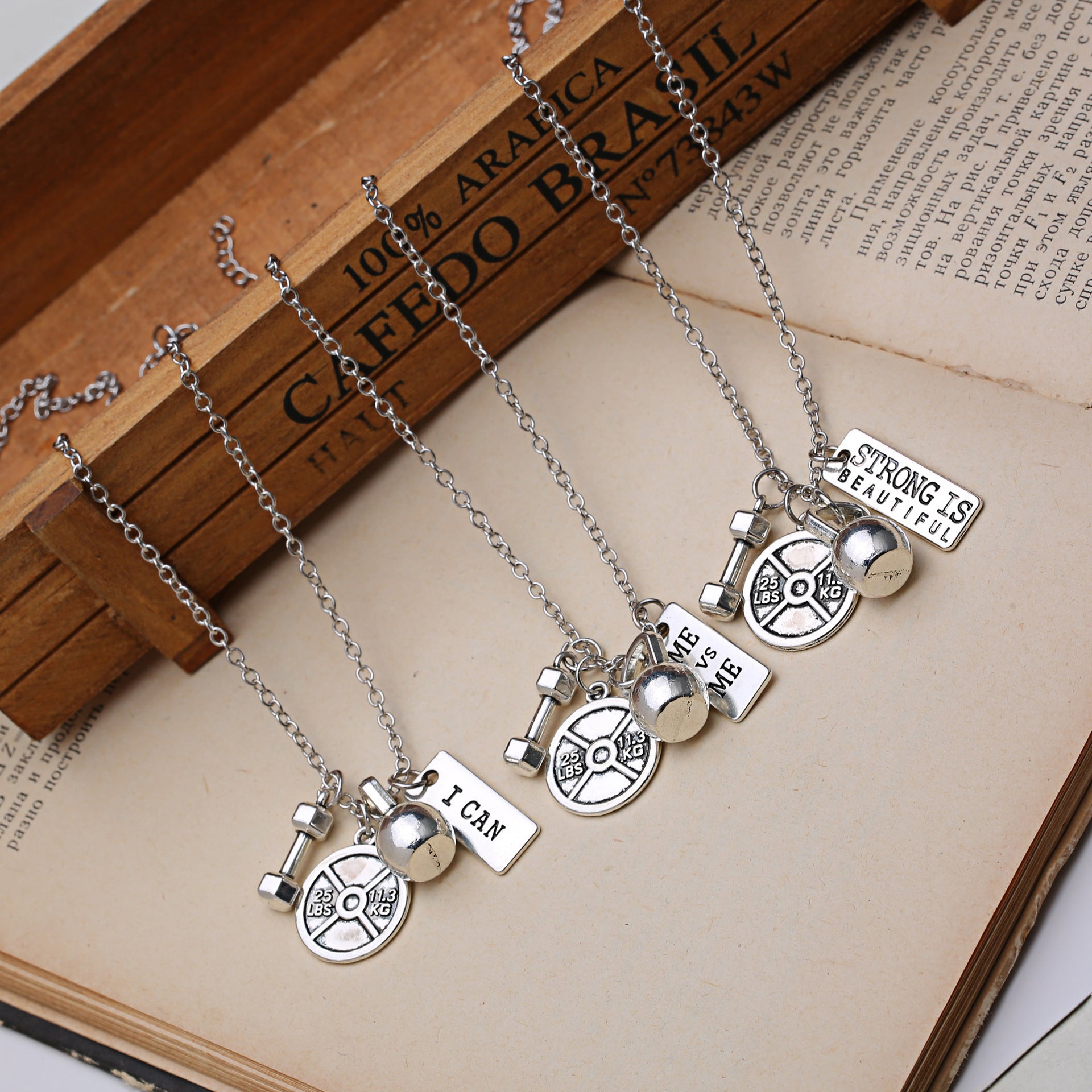 Dumbbell barbell pendant necklace