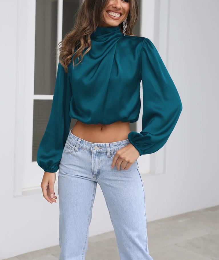 Women's Puff Long Sleeve Mock Turtleneck Crop Tops Blouses