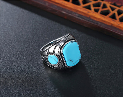 Anillo de acero de titanio para hombre, color turquesa vintage