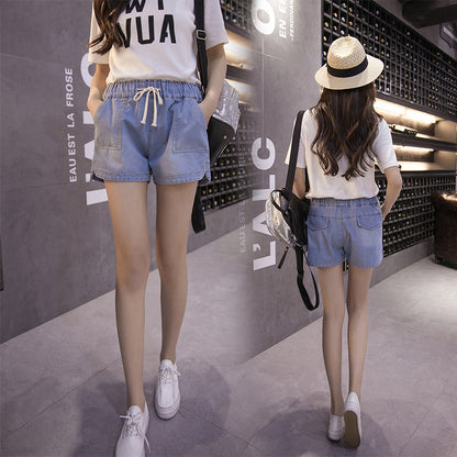 Thin Denim Shorts Women Korean Casual Hot Pants Elastic Waist Wide-leg Pants