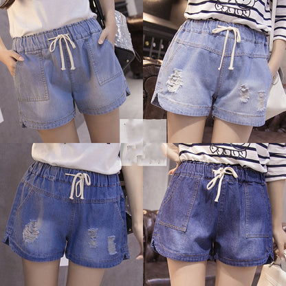 Thin Denim Shorts Women Korean Casual Hot Pants Elastic Waist Wide-leg Pants