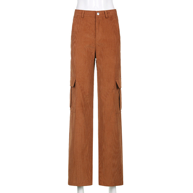 Rapcopter Green Corduroy Pants For Women Big Pockets Cargo Pants Y2K Retro Style Trousers Autumn Winter High Waist Pants 90S