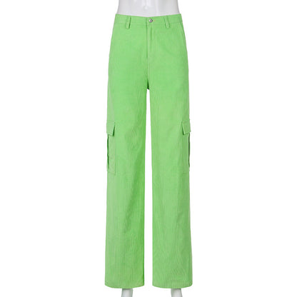 Rapcopter Green Corduroy Pants For Women Big Pockets Cargo Pants Y2K Retro Style Trousers Autumn Winter High Waist Pants 90S