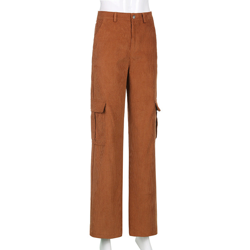 Rapcopter Green Corduroy Pants For Women Big Pockets Cargo Pants Y2K Retro Style Trousers Autumn Winter High Waist Pants 90S