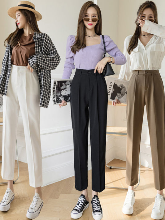 Pantalones de traje de nueve puntos Primavera y verano para mujer Nueva cintura alta Pantalones rectos sueltos y delgados Pantalones de tubo Harlan casuales versátiles