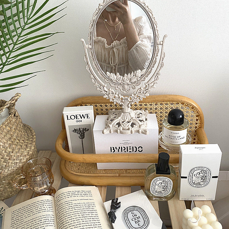 Espejo con tapa antiguo tallado de estilo Retro nórdico coreano, espejo de maquillaje de escritorio para decoración de dormitorio y familia