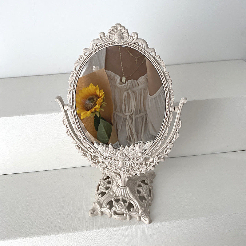 Korean Ins Nordic Retro Style Palace Carved Old Flip Mirror Homestay Dormitory Decoration Desktop Makeup Mirror