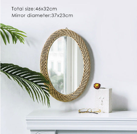 Gold Woven Decorative Mirror Nordic Primary Color Willow Mirror, Characteristic Handmade Bamboo Woven Homestay Nordic Log Wall Hanging Decoration