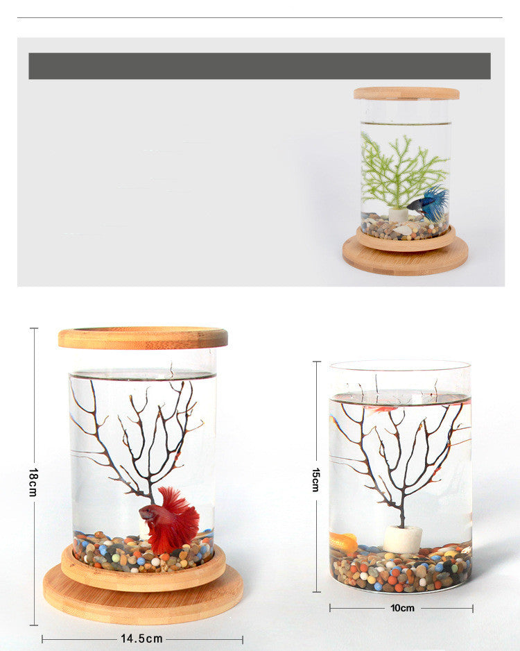 Pequeña oficina vidrio acuario base de bambú mini pecera decoración pecera