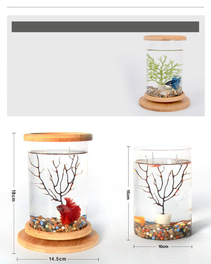 Pequeña oficina vidrio acuario base de bambú mini pecera decoración pecera