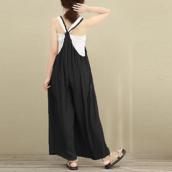 Women cotton linen one-piece suspender wide-leg pants