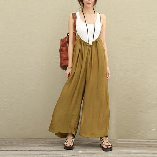 Women cotton linen one-piece suspender wide-leg pants