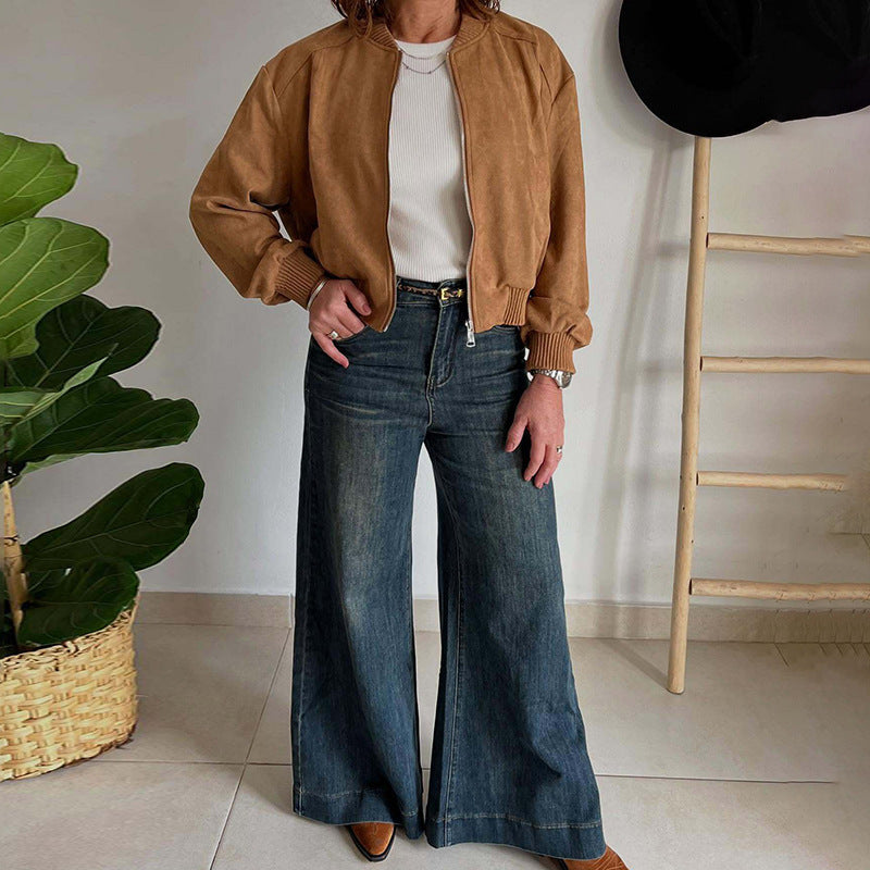 Suede Solid Color Zip Jacket Women's Coat