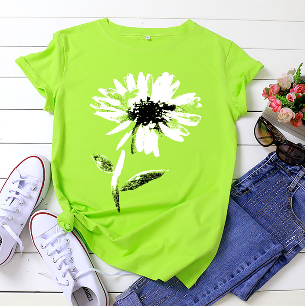 Women's Floral Printed Cotton Short-sleeved T-shirt Top
