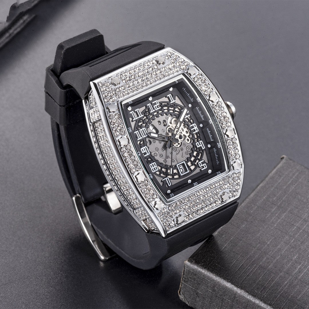 Reloj de hombre de cuarzo con banda de silicona Tonneau de diamantes completos