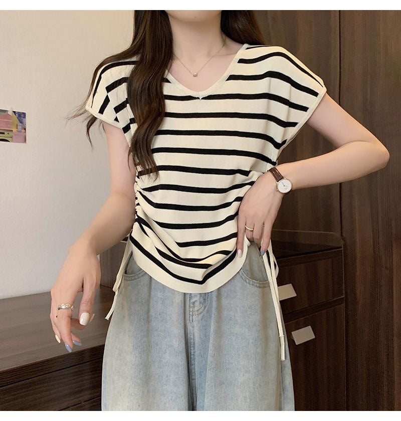 Summer Thin Striped Slim-fit All-matching Short Top For Women
