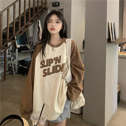 Loose And Slim Contrast Color Long Sleeve T-shirt For Women