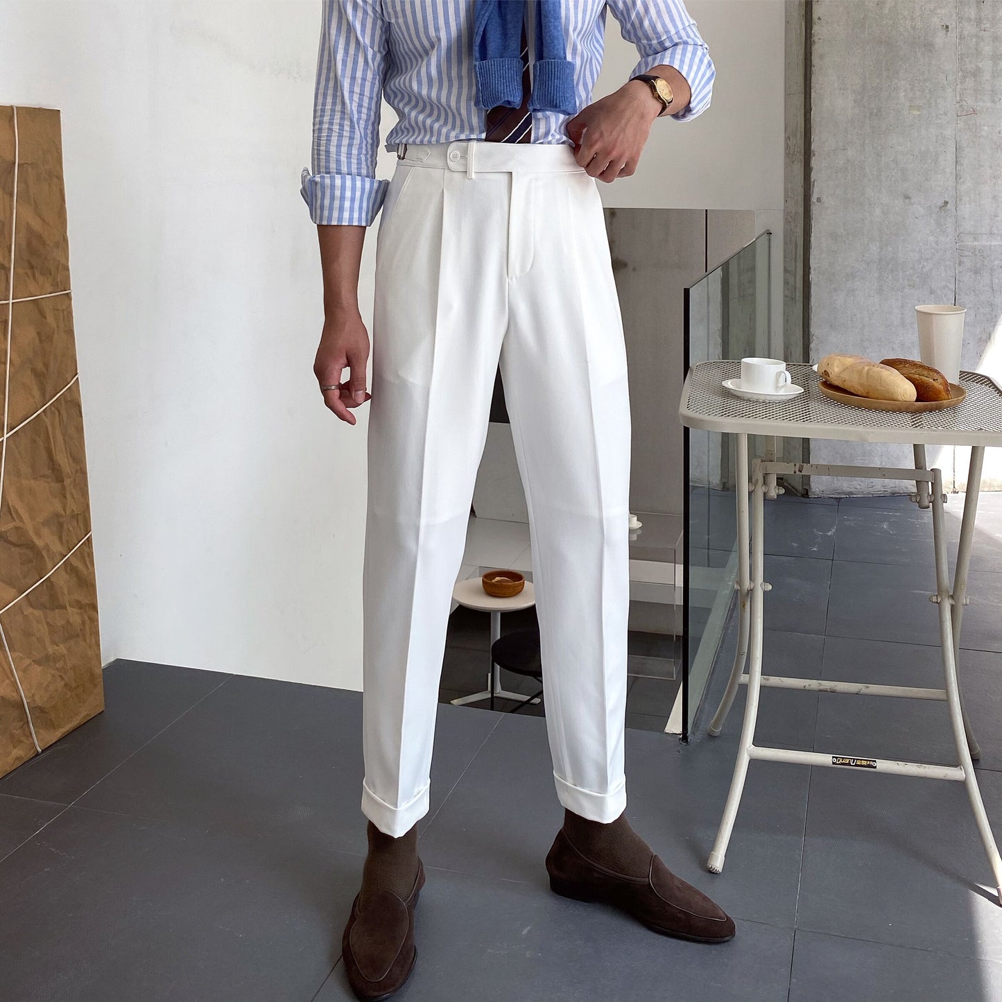 Pantalones de pierna recta todo fósforo con textura informal de negocios de cintura alta para hombres