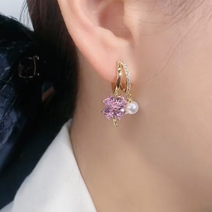 Purple Crystal Four-leaf Flower Pearl Ear Clip