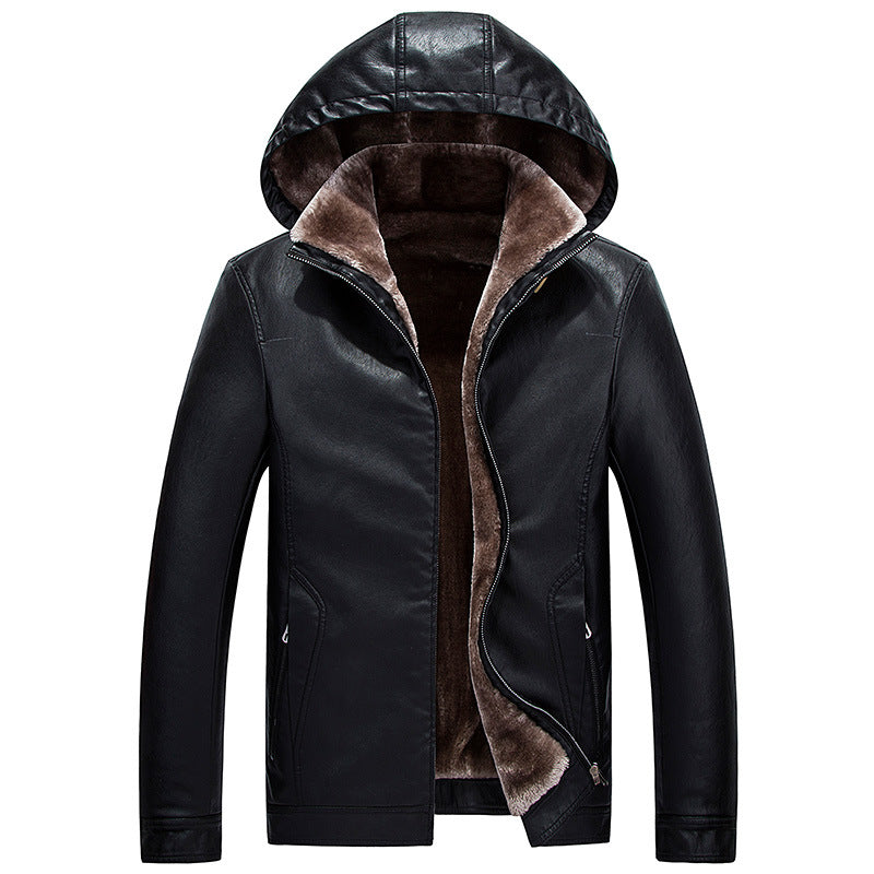 Winter New Style Plush Wool Men's Hooded Thick Plus Velvet PU Leather Leather Jacket