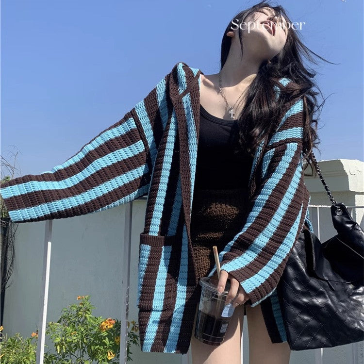 Cárdigan a rayas con capucha y cuello en V de otoño para mujer