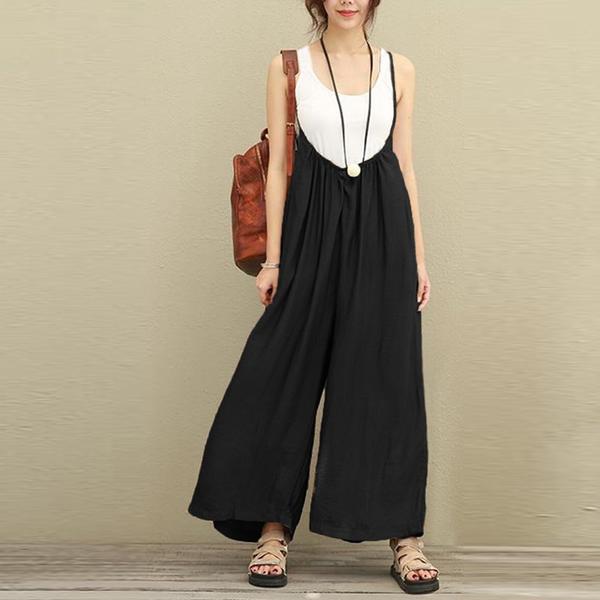Women cotton linen one-piece suspender wide-leg pants