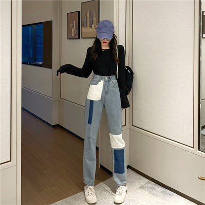 Straight pants stitching loose denim women