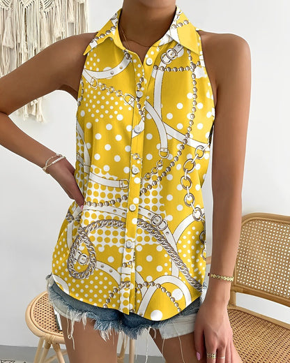 Summer Casual Fashion Shoulder-baring Sleeveless Abstract Printing Women's Shirt