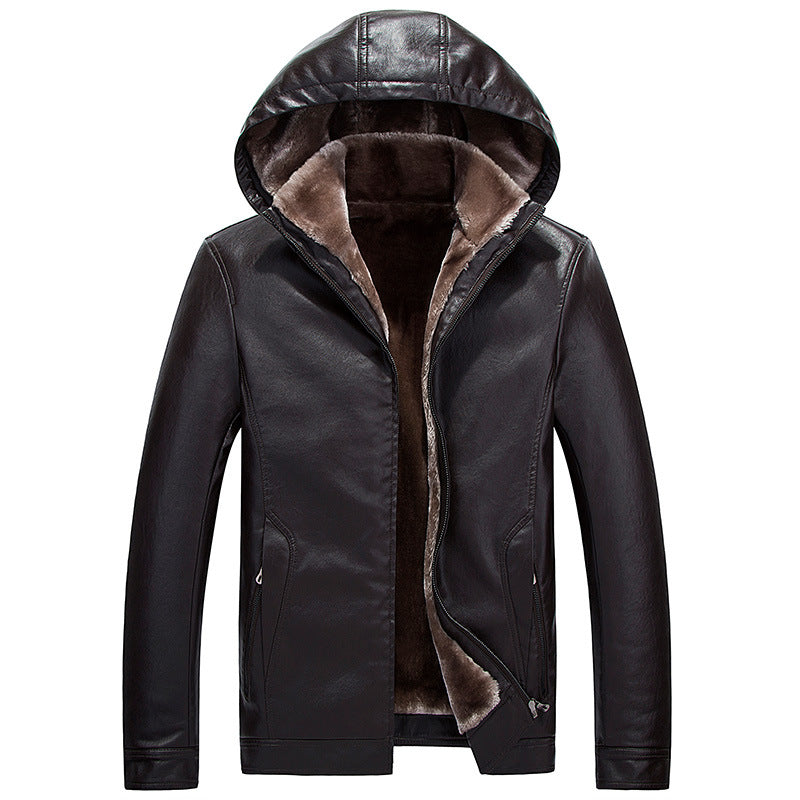 Winter New Style Plush Wool Men's Hooded Thick Plus Velvet PU Leather Leather Jacket