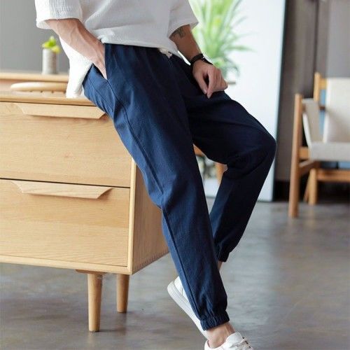 Pantalones informales de verano para hombre, pantalones de lino y algodón, pantalones bombachos sueltos