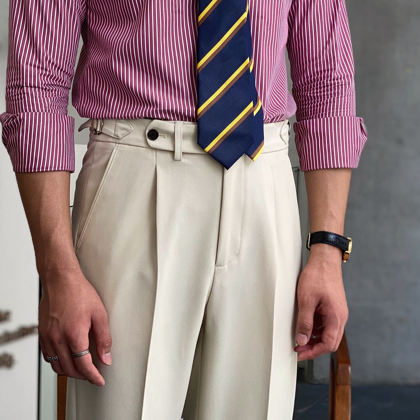 Pantalones de pierna recta todo fósforo con textura informal de negocios de cintura alta para hombres