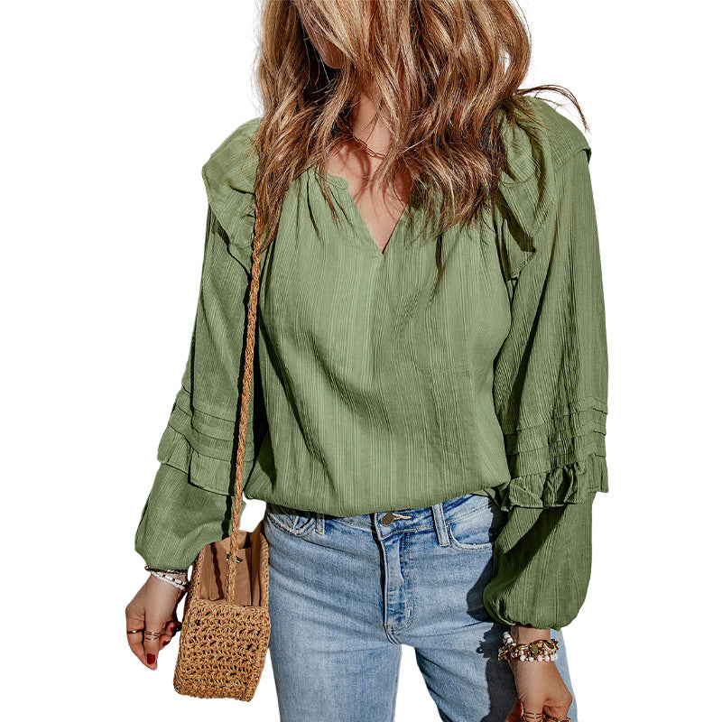 Solid Color And V-neck Ruffled Puff Sleeve Shirt European And American Leisure Pullover