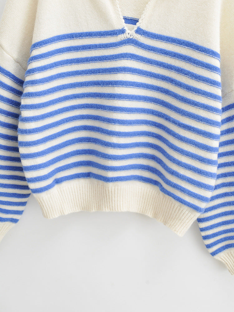 Jersey de punto a rayas con cuello en V para mujer