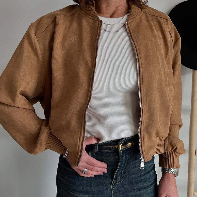 Suede Solid Color Zip Jacket Women's Coat