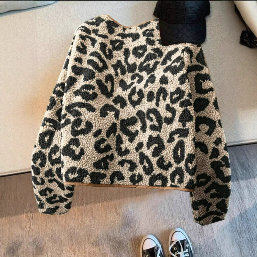 Casual Leather Leopard Print Coat Top