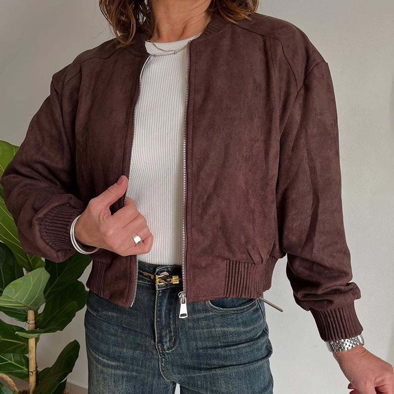 Suede Solid Color Zip Jacket Women's Coat